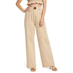 Lulus Women Beige Woven Cotton Seeking Adventures Wide-Leg Pants Size XL